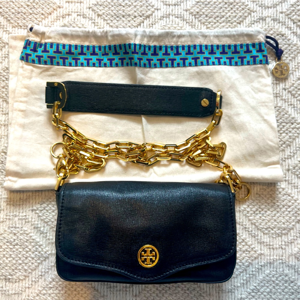Tory Burch Mini Robinson Crossbody Purse, Black Leather w/ Gold Chain